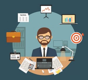 Businessman with office supplies laptop and finance business icons